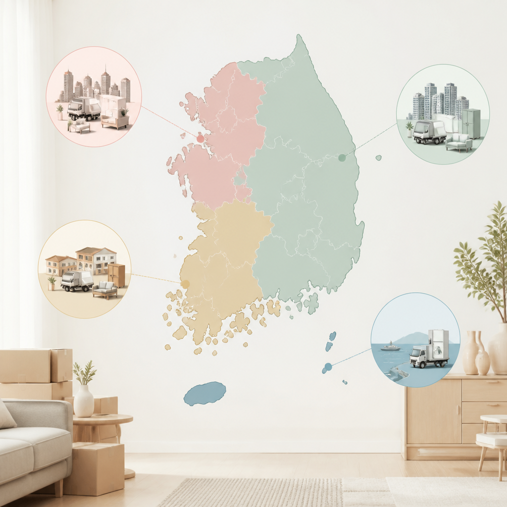 수도권·광역시·중소도시·도서 지역별 혼수 배송과 설치 차이를 표시한 대한민국 지도